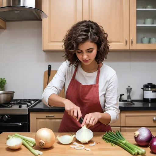 Prompt: Short Wavy hair girl cutting onions his kitchen