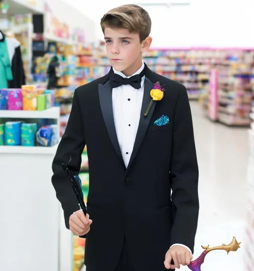 Prompt: Attractive teenage Boy in a tuxedo wavering a magic wand and casting sparkly magic spell in a store with it