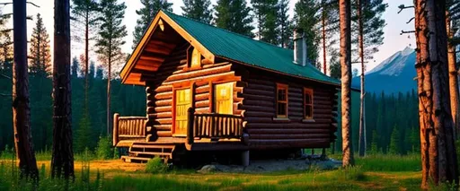 Prompt: Wooden cabin near fir forest at dawn