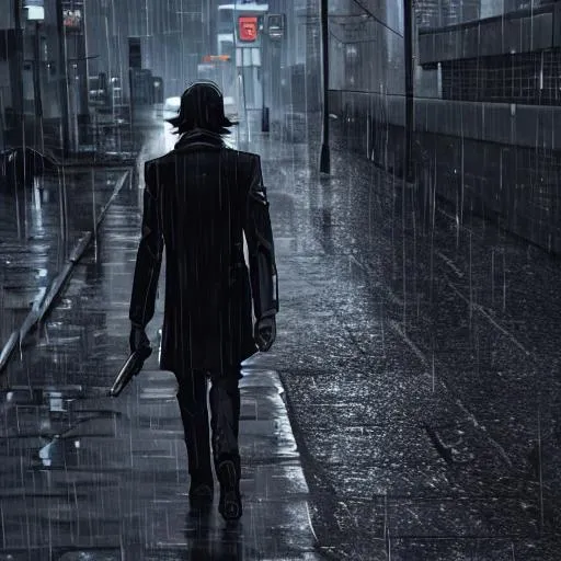 Prompt: Mysterious cyberpunk detective walking away in the rain.