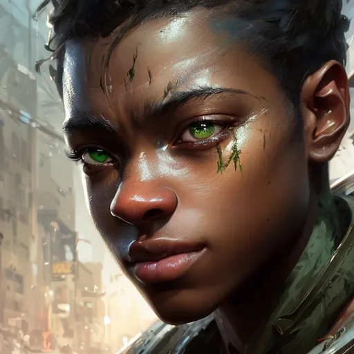 Prompt: photorealistic Closeup face portrait of a nigerian warrier  dark black hair and green eyes smooth soft skin, with few scars small shallow eyes, beautiful intricate colored hair, symmetrical, savannah background soft lighting, detailed face, by makoto shinkai, stanley artgerm lau, wlop, rossdraws, concept art, digital painting, looking into camera