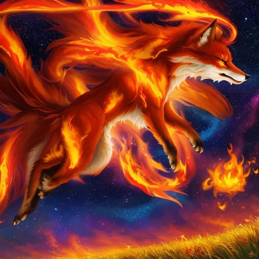 Prompt: ((masterpiece, oil painting, best quality:1.5)), fire elemental red vixen fox with multiple tails, snarling, tawny grass field, cunning, elderly but lively, growling, beautiful, pouncing, anime, vibrant, vivid colors, ((big 8k detailed eyes)), starry sky, highly detailed, detailed background, highly detailed fur, highly detailed face, 8k eyes, UHD, professional, unreal engine