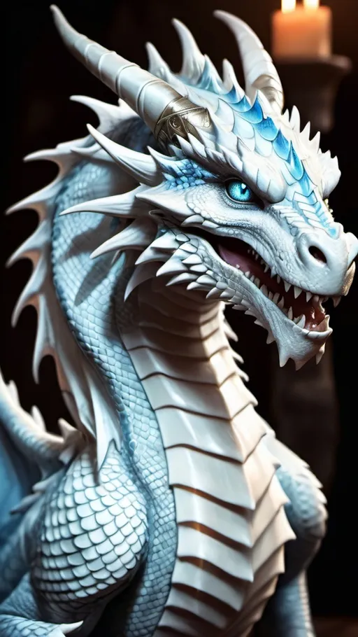 Prompt: hyper-realistic white dragon with scales bluish glow edge fantasy character art, illustration, dnd, warm tone