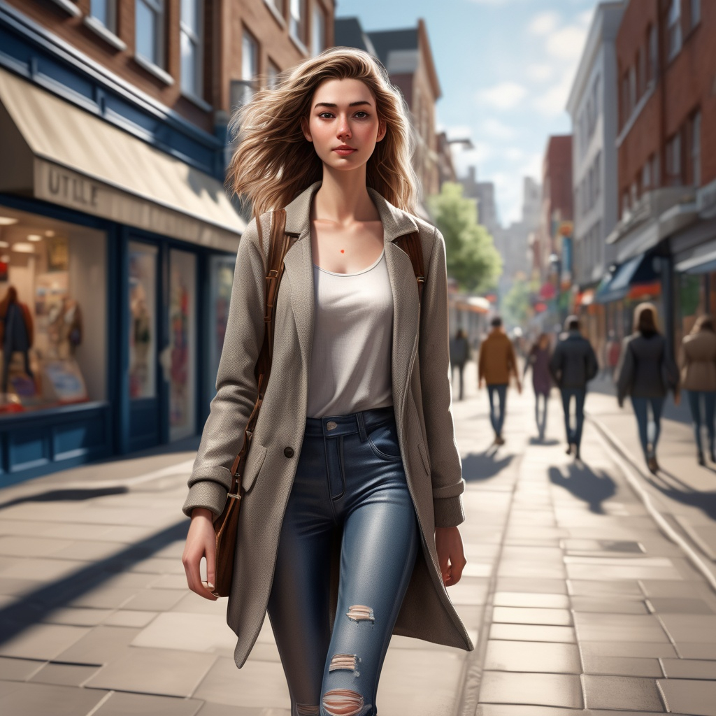 Tall young woman walking down the high street, detai Tall young woman walking down the high street, detai