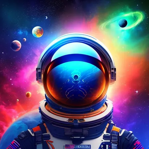 Prompt: It generates a futuristic portrait of an astronaut floating around the planets, in the background that space can be seen, space lighting and very colorful