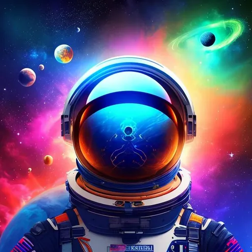 Spaceman landing in the universe with prismal light, with cool effects of  the space and the universe, very futuristic and full hd, scifi, extremely  detail, rainbow color too