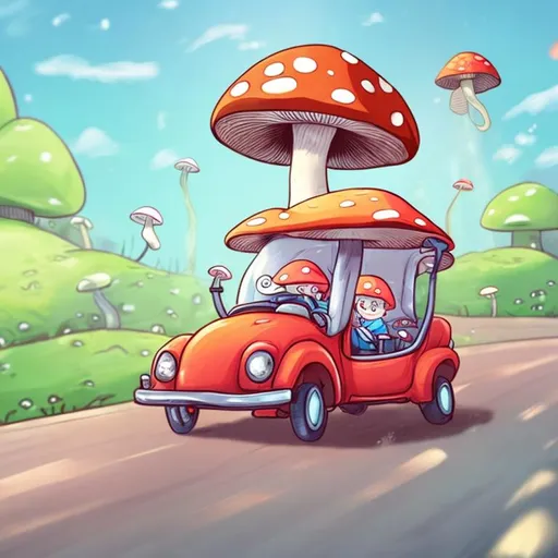 Prompt: a mushroom who is driving a car to work but is running VERY late