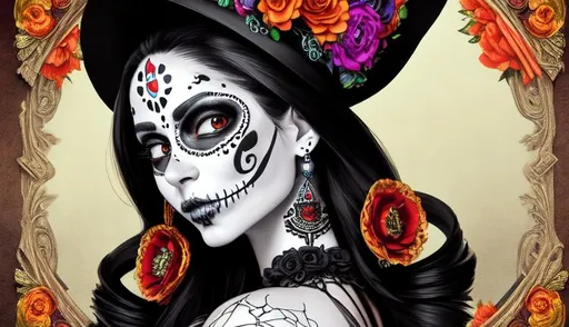 Prompt: portrait photo headshot of beautiful calavera catrina, sharp focus, elegant, vibrant, render, octane, black background, line art, 8k resolution, detailed, award winning photography, masterpiece portrait photo headshot by mucha, sharp focus, elegant, render, octane, detailed, award winning photography, masterpiece, vintage promotional poster