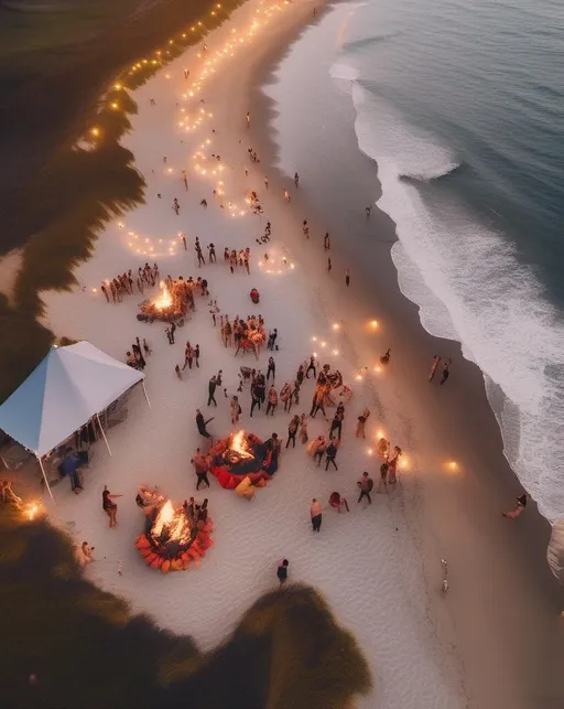 Prompt: A lively aerial shot of a beach party at dusk with bonfires and lanterns scattered across the sand. Groups of friends dance together while waves crash gently along the shoreline behind them. The scene is illuminated by the warm light of the setting sun blending with the cooler light of the rising moon. Shot with a DJI Mavic 3 drone using a wide angle lens to capture the scope. The mood is carefree summertime joy. In the style of José Luis Ruiz.