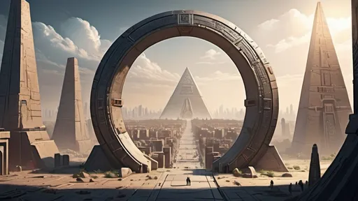 Prompt: small circular portal, small gateway between cities realms worlds kingdoms, small ring standing on edge, freestanding ring, hieroglyphs on ring, complete ring, obelisks, pyramids, futuristic towers, large wide-open city plaza, wide vista view, futuristic cyberpunk dystopian setting