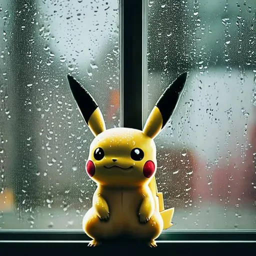 Prompt: Pikachu looking at the rainy weather outside the window