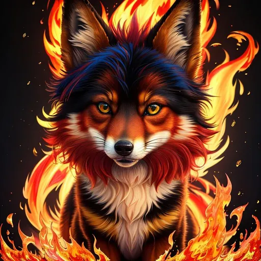 Prompt: (8k, 3D, UHD, highly detailed, hyper detailed, masterpiece, detailed oil painting) portrait of (fire elemental:0.4), ((fox)), (canine quadruped), adolescent, silky crimson-red fur, {yellow-green eyes}, 8k eyes, youthful, lively, lithe, bounding, {black fur highlights}, sharp focus, cinematic, vivid colors, brilliant colors, long silky hair on crest, plump, (rows of pink blossoming sakura trees), umber red mane, wispy brown ears, wispy ruby-red mane, flowers on fur, snow-capped trees, snow on fur, forest, silky bushy tail, billowing mane, professional, unreal engine, dynamic, intricate detail, intricately detailed fur, highly detailed face, best quality, highly detailed mouth, 4k, 16k, 64k, HDR, unreal 5, artstation, deviant art, instagram, trending, perfect composition, symmetric, golden ratio