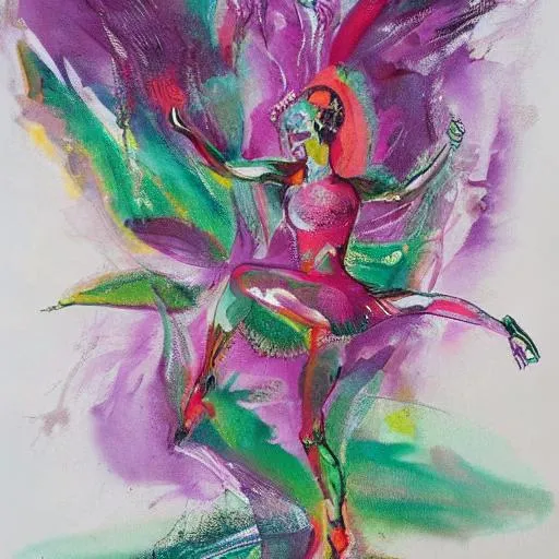 Prompt: Fine art drawing of a dancing figure but use some splashes of colour, use muted colours especially green and purple, abstract indistinct plant shapes in the background 