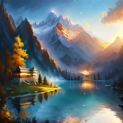 Prompt: chinse landscape, lake, mountain, ancient temple, dark fantasy world, (best quality)), ((illustration)), ((masterpiece)), hyperrealistic, cinematic lighting

