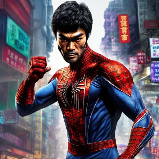 Prompt: one hybrid superhero character, Mix bruce lee and spiderman, in realistic background of  Hong Kong , firm facial expression, long beard, detailed armor and cape, 4K, detailed facial expression, superhero, vibrant colors, intense gaze, advertisement-worthy, realistic, detailed illustration, professional, vibrant lighting
