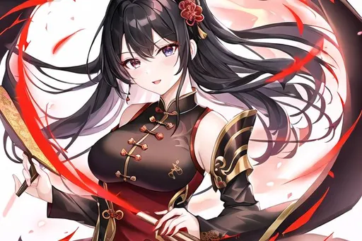 Prompt: female, Chinese, black hair, golden dragon, she is extremely pale her clothes are a blood crimson red, modest clothing, intimidating pose, she is holding a fan, blue eyes