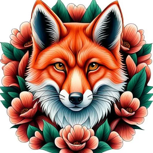 Prompt: A tattoo design of a realistic fox surounded by flowers