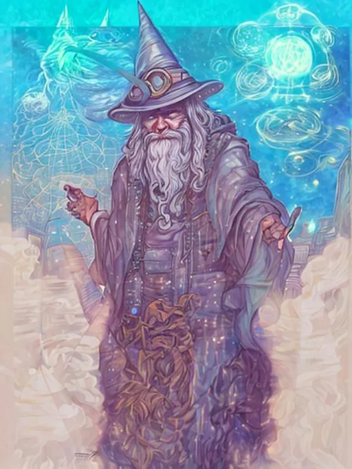 Prompt: Wizard in space city