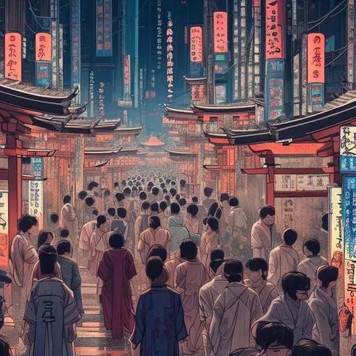 Prompt: A breath taking view of a Shinto shrine in the middle of cyberpunk city crowded with devotees (hyperrealistic)
