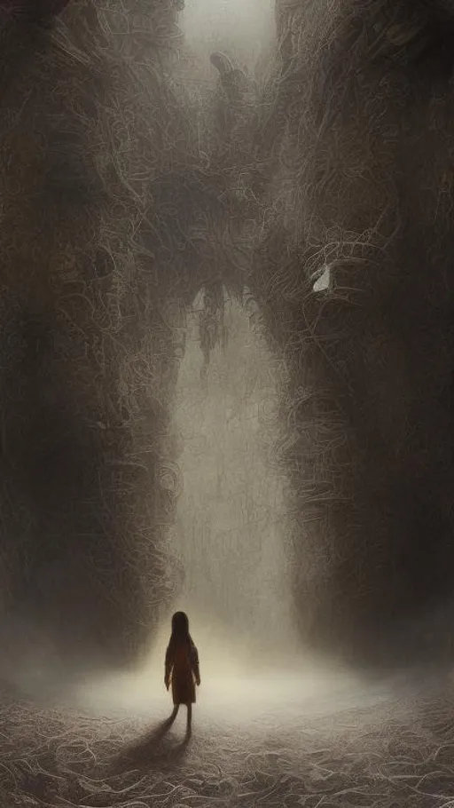 Prompt: A Young girl Lost in solitude, in ([giger-beksinsky] style) and Rembrandt painting ART, on eerie planeta landscape, best quality, high resolution