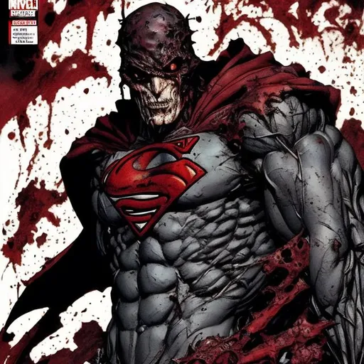Prompt: Todd McFarlane Spawn superman variant. muscular. dark gritty. Bloody. Hurt. Damaged. Accurate. realistic. evil eyes. Slow exposure. Detailed. Dirty. Dark and gritty. Post-apocalyptic. Shadows. Sinister. Intense. 