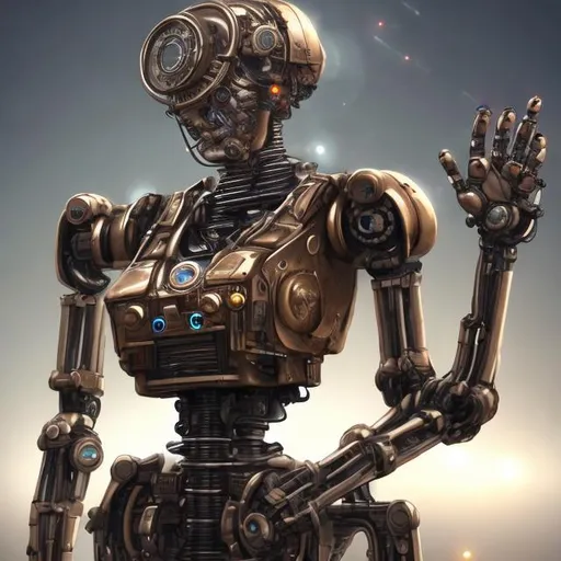 Prompt: A super advanced, steampunk, A.I. android robot.