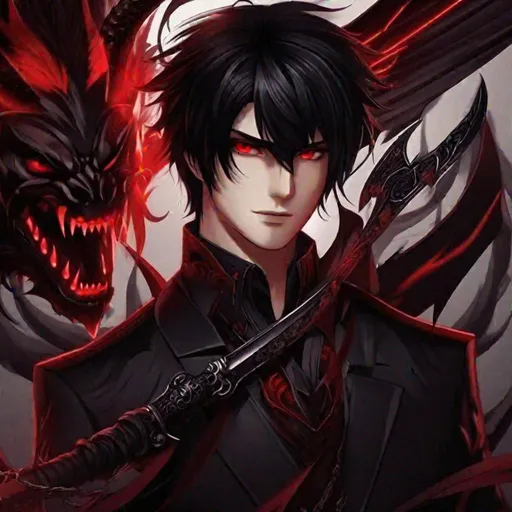 Prompt: Damien (male, short black hair, red eyes) a sadistic look on his face, demon form, with a blade