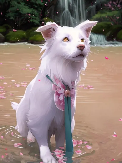 Prompt: USE DEMON SLAYER ART STYLE
REFINED LINES

White Border Collie with Green Kimono

Water Fall Background 

PINK BLOSSOMS AND ALOT OF PETALS FALLING IN THE BACKGROUND
MAKE THE ART EQUAL AS THE IMAGE
VERY DETAILED
BEAUTY
HIGH RESOLUTION
1080P
FINE-TUNED
SHADDERS
Clean
