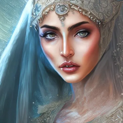 Prompt: {{{{highest quality concept art masterpiece}}}} oil painting, fantasy {{visible textured brush strokes}}, muslim woman wearing a long and flowy white see through veil looking like a goddess with dramatic lighting, waterfalls and lightning thunder bolts all around her. perfect lips, soft lips
