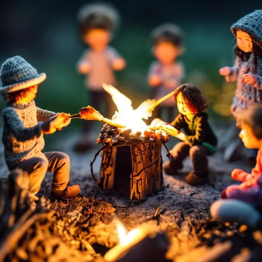 Prompt: tiny people making s'mores at tiny wooden campfire at night string lights
