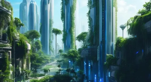 Prompt: Futuristic City White Tall Tower Lush Green Overgrown Plants Light Blue Sky High Resolution