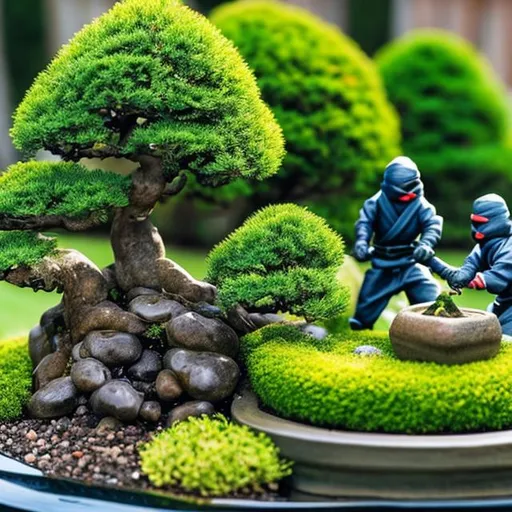 Prompt: ninjas mowing the lawn beside bonsai tree