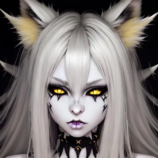 Prompt: demon girl, black sclera, yellow cat eyes, big gray lynx ears, big wide blonde spiky fluffy hair, pale skin, sharp jaw, hyperrealistic eyes, hyperrealistic nose, hyperrealistic lips, ethereal, divine, goddess