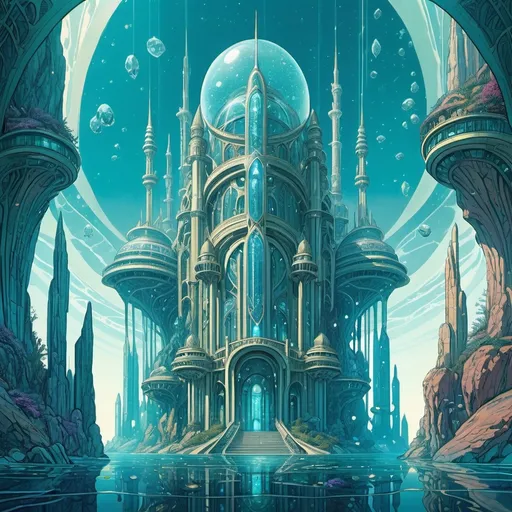 Prompt: An underwater sci fi palace with many towers and huge crystals between them, art nouveau, in the style of Moebius