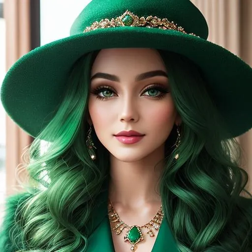 Prompt: Lady all in green, Long  very curly hair, wearing emerald jewelry, face front, blue fashion, stylish hat and coat, pretty makeup, facial closeup