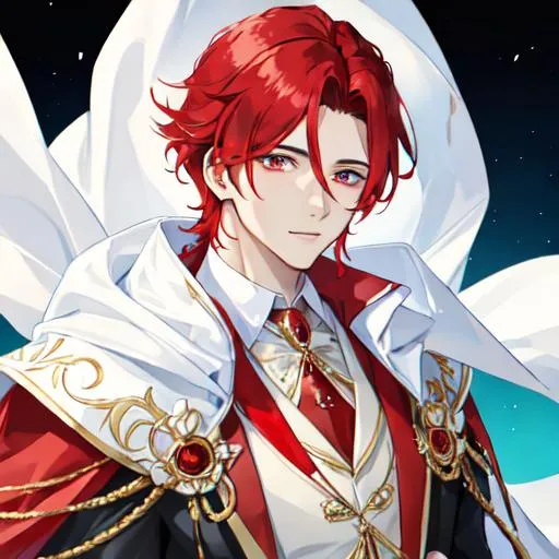 Prompt: Zerif 1male (Red side-swept hair covering his right eye) wearing a royal suit, white shawl