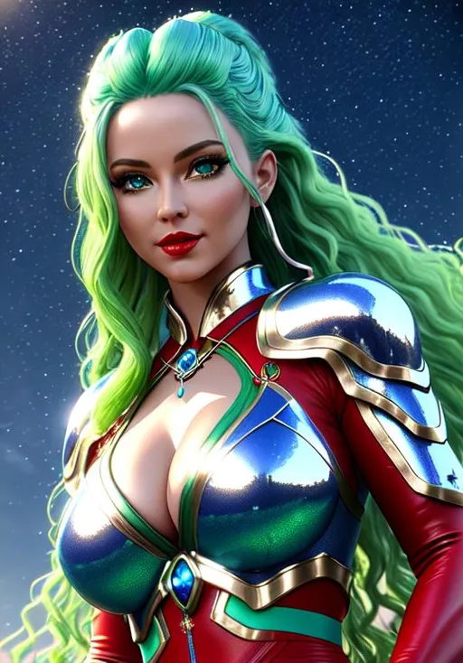 Prompt: produce a raw photo, masterpiece, best quality, high detail, 8k, full frame, long shot, photorealistic, realistic, fantasy landscape, unreal engine render of blue female alien, weather goddess, long green wavy hair, bright green eyes, red and bodysuit, red lips, beautiful smile, silver belt, silver widow bracelets, dynamic action pose, solo, blue female, highly detailed, trending on artstation 