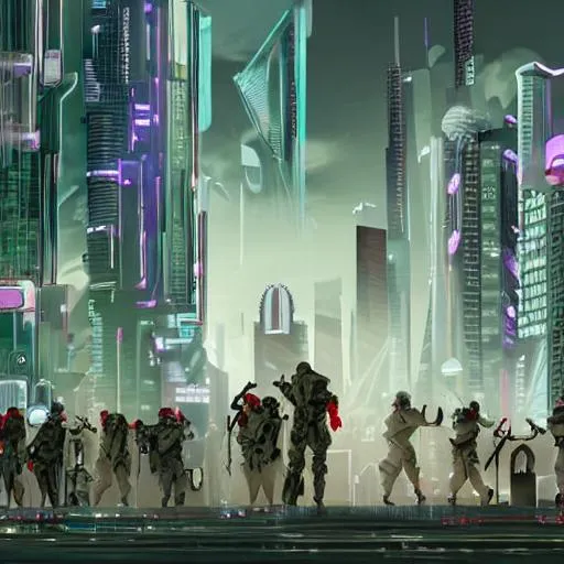 Prompt: Futuristic, utopia, cyberpunk, city, soldiers