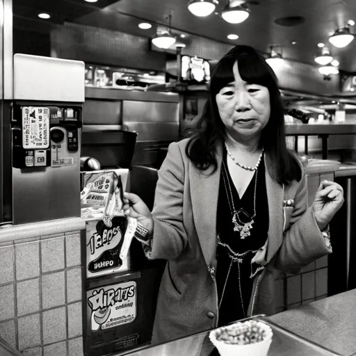 Prompt: Drunk and disorderly Yayoi Kusama in an Arby’s in the bad part of town in the middle of the night. 