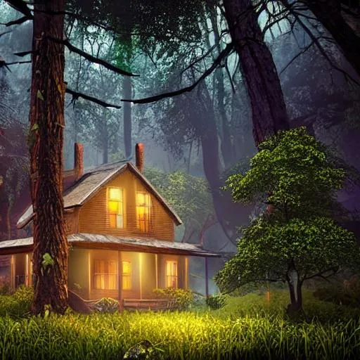 Prompt: old house in ethereal lush forest with mystical ambiance high contast realistic, sharp focus, highly detailed, lightning bugs in the woods