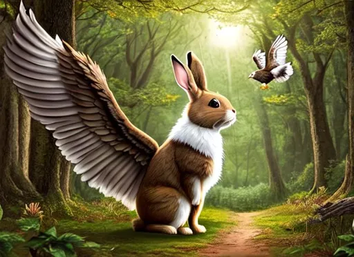 Prompt: brown bunny rabbit with eagle wings in the forest