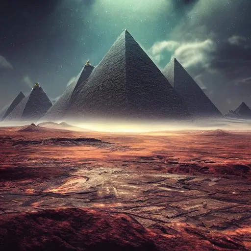 Prompt: a desolate landscape with massive ancient alien pyramids, cosmic, interstellar, vivid sky, digital art, psychedelic, concept art, intricate, epic, depth, highly detailed, mysterious, octane render, 8k,