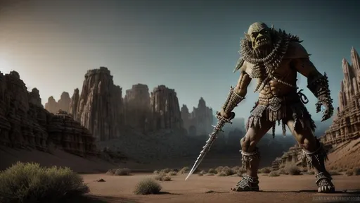 Prompt: Insanely Detailed Skeletal Orc, Desert landscape, Undead, Pathfinder, Insanely Detailed, Hyper Detailed, Intricately detailed, Dungeons & Dragons, Fantasy, Wicked Blades, Angry, Tribal, Assorted Weapons, volumetric lighting, 8K resolution, intricate