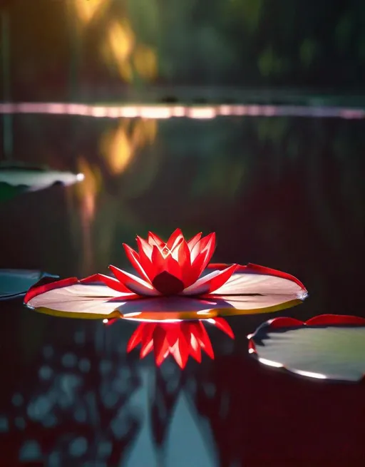 Prompt: A vivid crimson lotus flower in full bloom emerges from a serene pond, surrounded by lily pads and reflected forest. Shot at sunrise with telephoto lens. Peaceful, beauty, nature., Ray traced shadows 