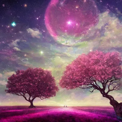 Prompt: beautiful landscape with a magically glowing pink blue tree in the middle and a flabbergasting starscene at night in a fantasy world painting