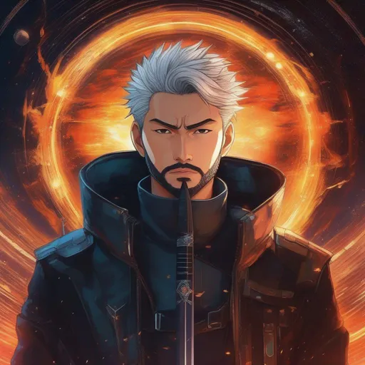 Prompt: {{anime cyberpunk swordsman standing in a ring of fire looking intently at the viewer}},  outer space background, highly detailed, hayao miyazaki