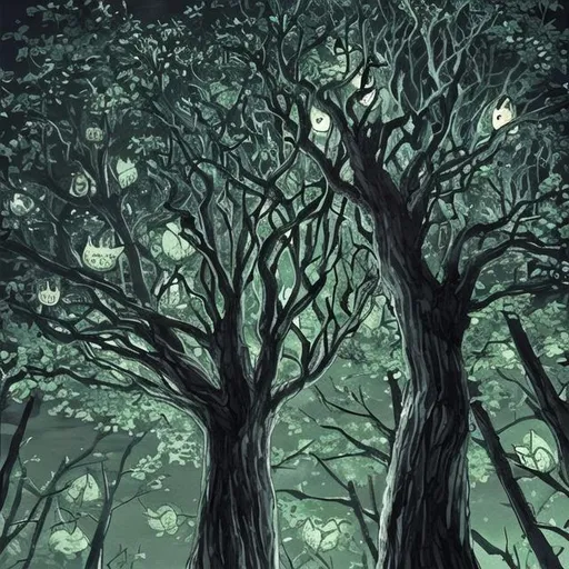 Prompt: Spooky treetops at night with wind blowing the leaves from the trees. Owl in tree. No humans no buildings