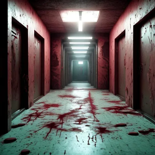 Prompt: dystopian hallway with a door that has “the sanctuary” written with blood and fluorescent lights flickering
