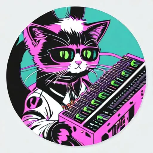 Prompt: cat cyborg punk 80s retro synthpop. A Cat plays a modular synth. Sticker art. white background