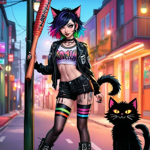 Prompt: Anime illustration, slim cute catgirl with punk styling, HOLDING a 'WOODEN BASEBALL BAT', long cat tail, black hair, black, leaning against lamp post, cute pose, colorful, happy and cheerful, vibrant, detailed hair and a mixed goth-punk outfit, high quality, anime, colorful, cheerful, outdoor punky run-down city vibe, detailed character design, professional, atmospheric lighting